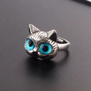 Band Ring  Silver cat blue eyes adjustable size